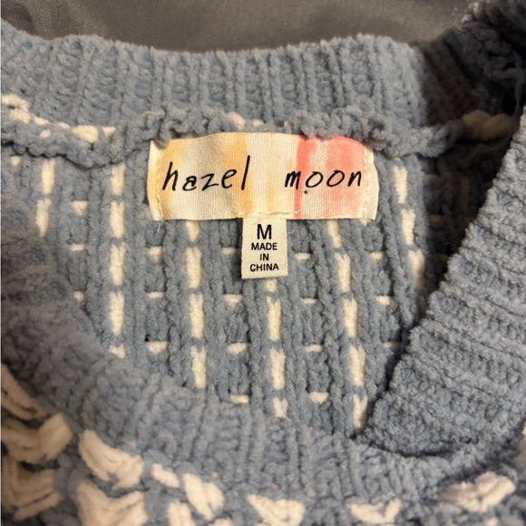 Blue and White Crew Neck Sweater with Ribbed Trim - Picture 2 of 3